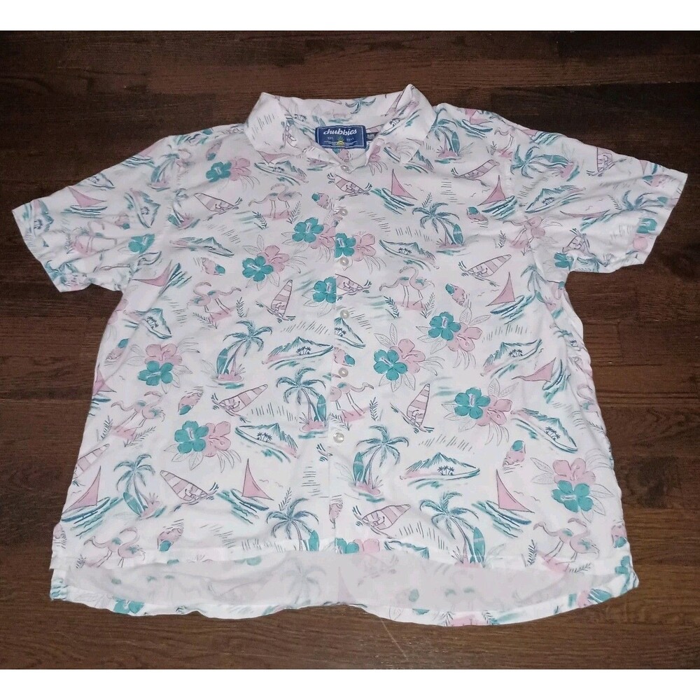 Chubbies Camp Shirt Mens XL White Green Pink Rayon Sunday Shirt Short Sleeve